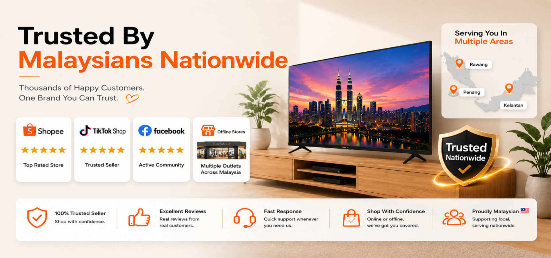 Smart TV on a wooden stand with brand trust badges and logos displayed.