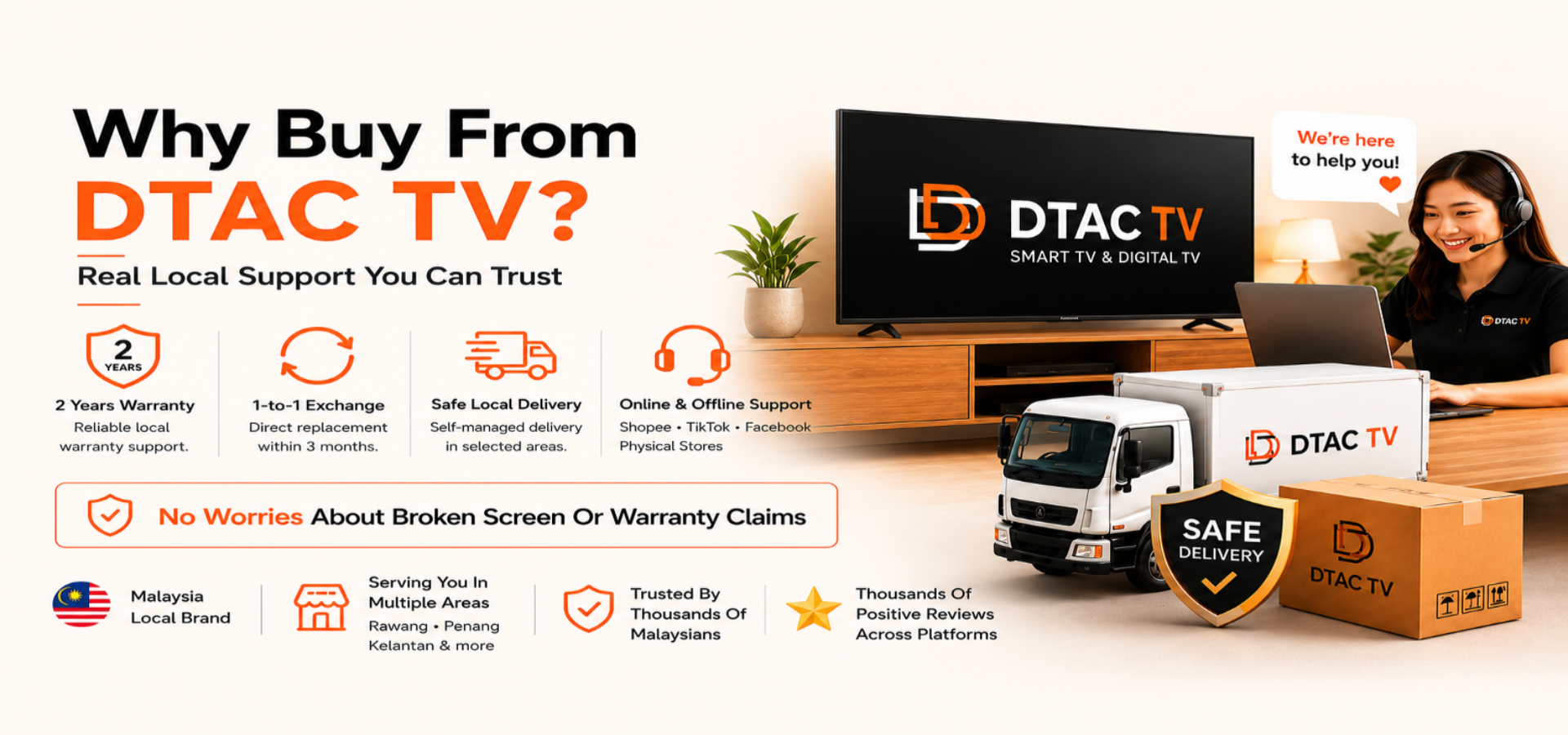 Advertisement for DTAC TV with a TV, delivery truck, and customer support person.