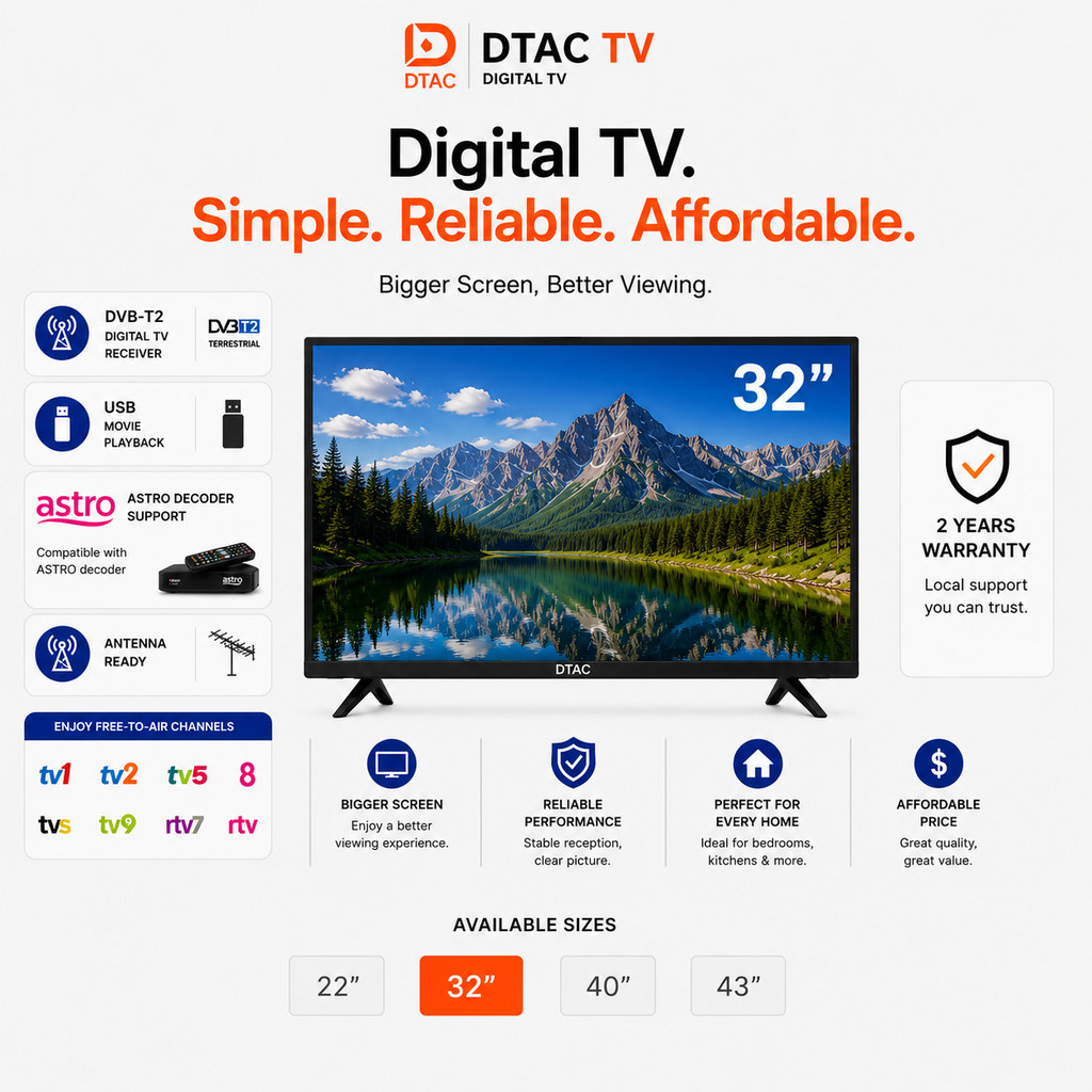 DTAC TV 32” Digital TV | DVB-T2 & HDMI Support