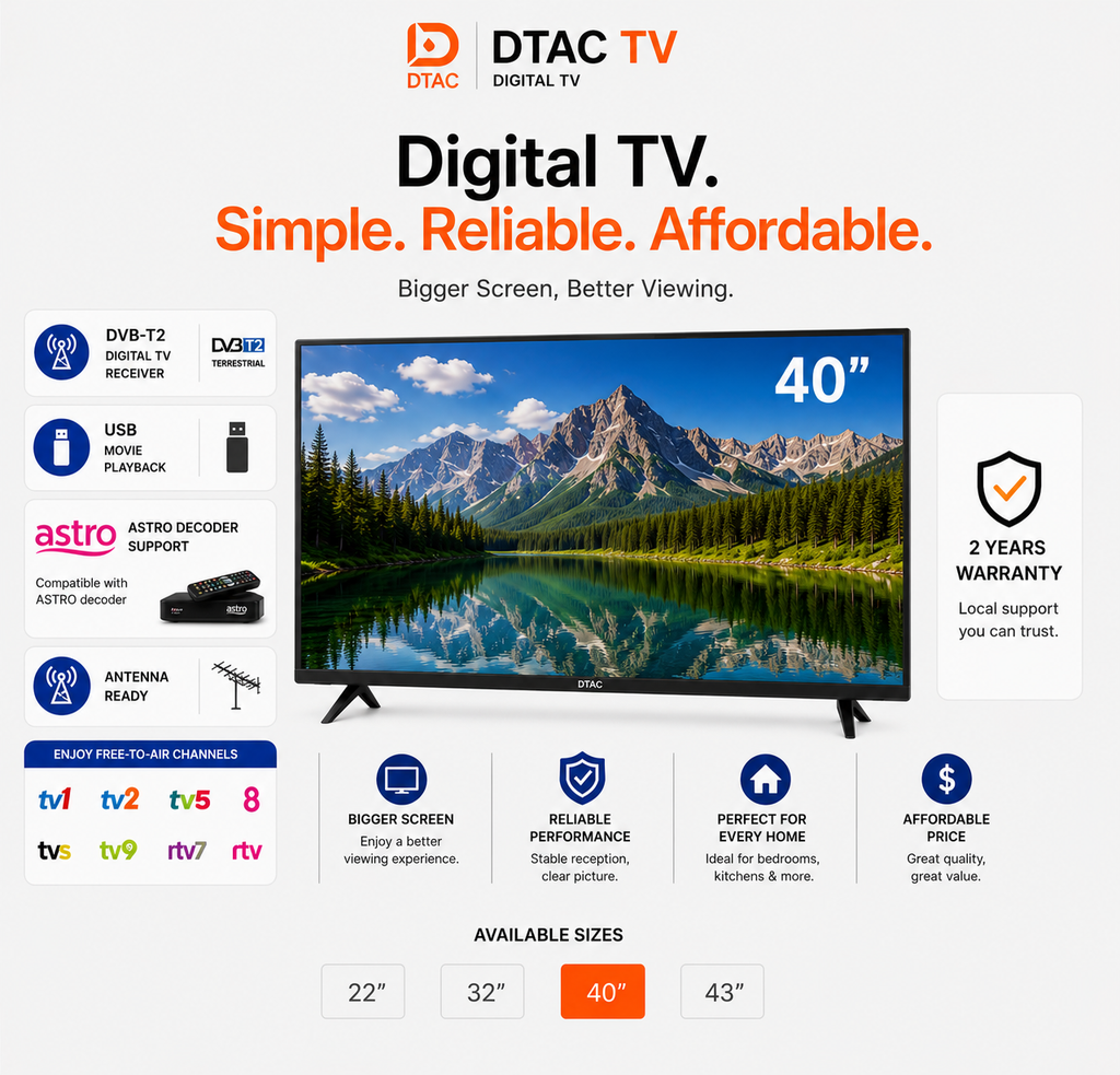 DTAC TV 40” Digital TV | DVB-T2 & HDMI Support