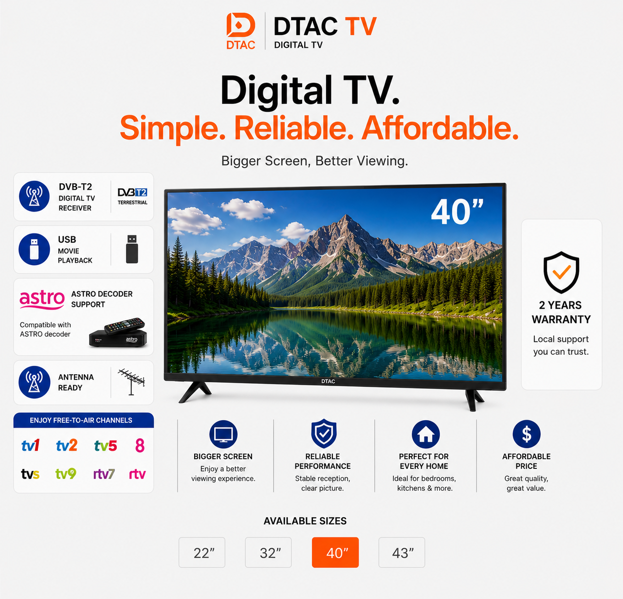 DTAC TV 40” Digital TV | DVB-T2 & HDMI Support