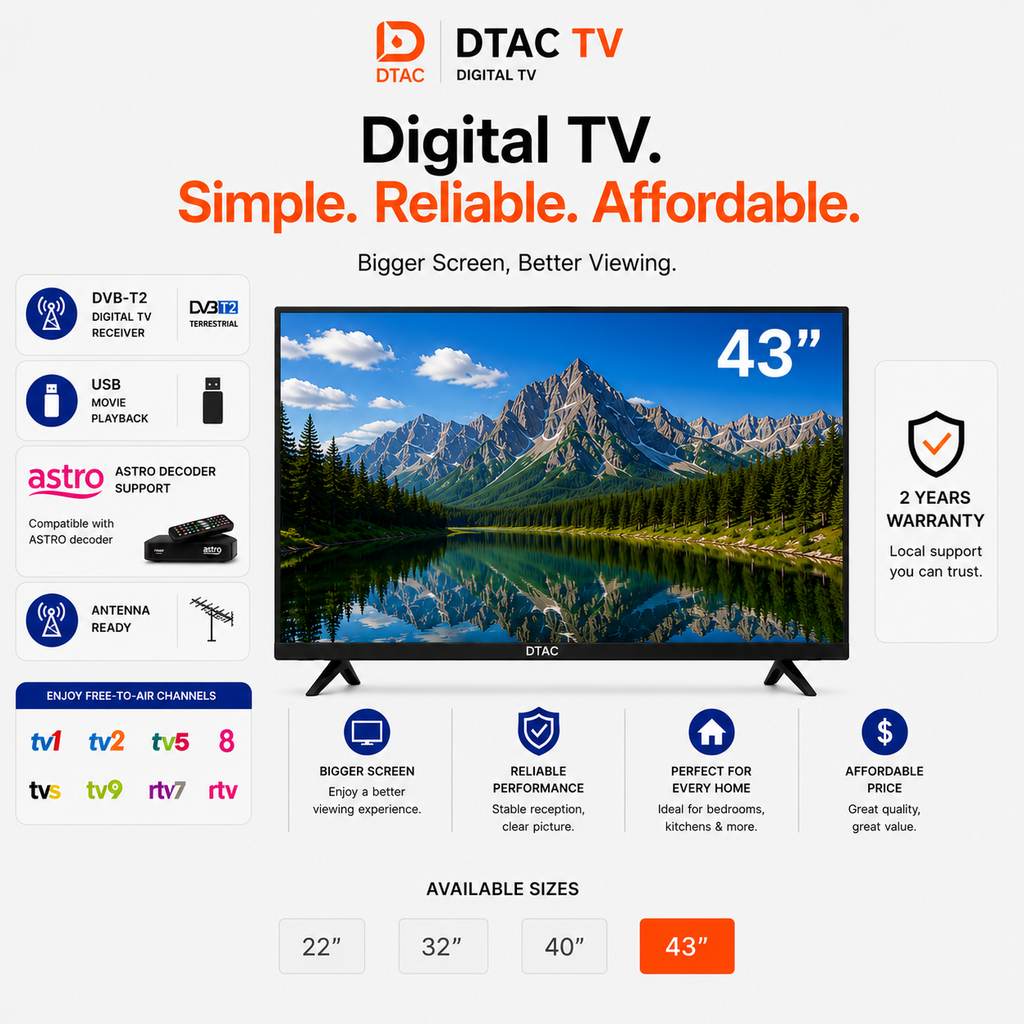 DTAC TV 43” Digital TV | DVB-T2 & HDMI Support