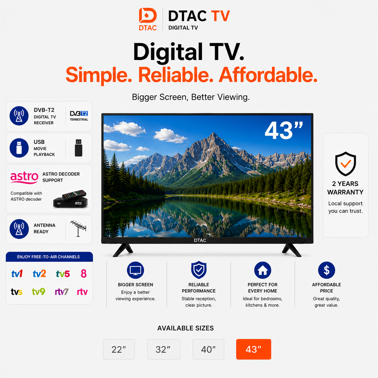 DTAC TV 43” Digital TV | DVB-T2 & HDMI Support