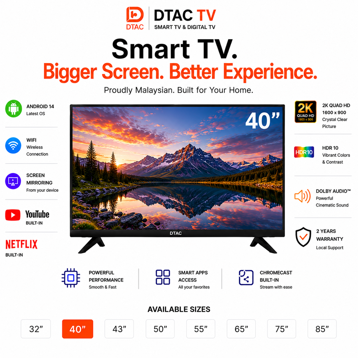 DTAC TV 40” Smart TV 2K | Dolby Audio | Android Smart TV