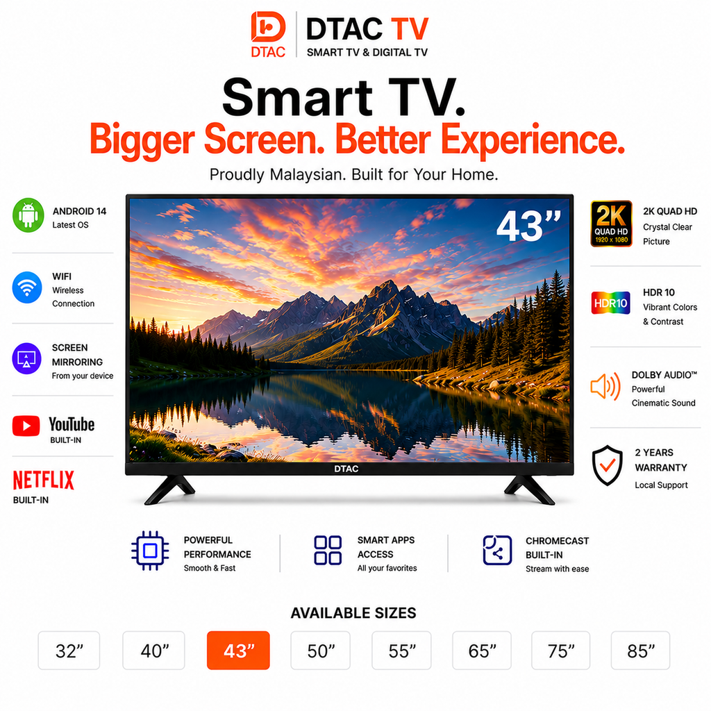 DTAC TV 43” Smart TV 2K | Dolby Audio | Android Smart TV