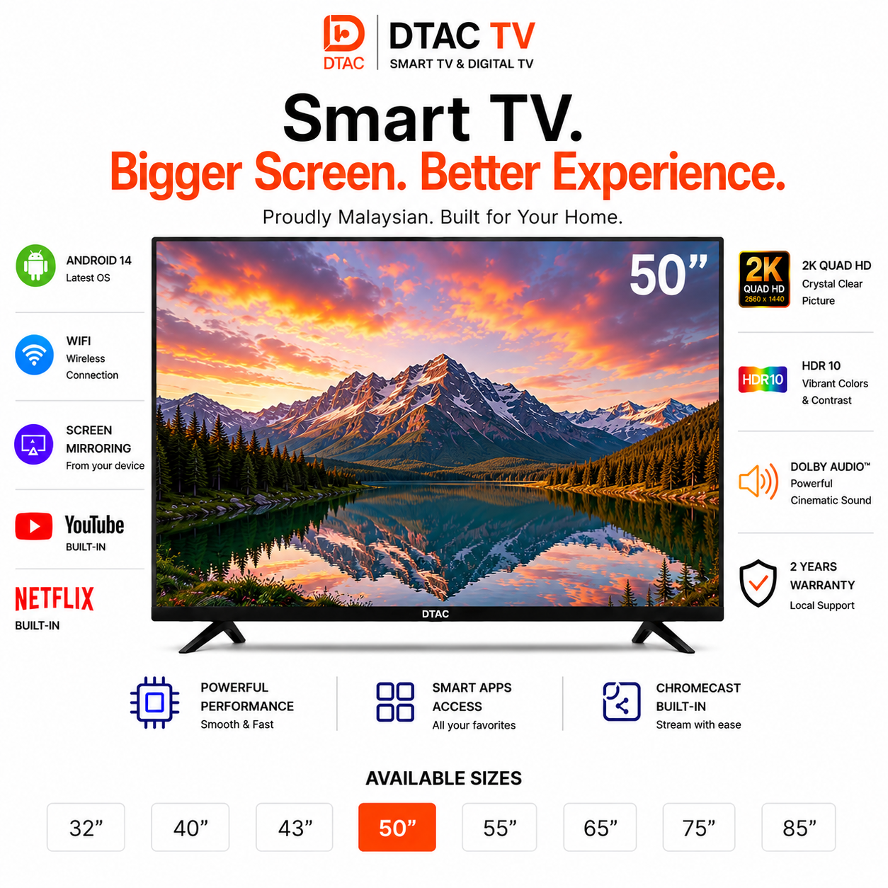 DTAC TV 50” Smart TV 2K | Dolby Audio | Android Smart TV