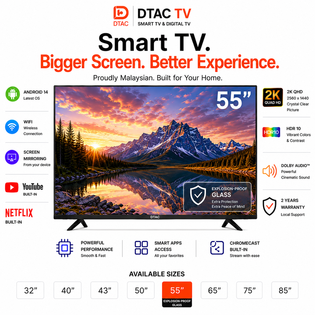 DTAC TV 55” Smart TV 2K | Anti-Burst Glass | Dolby Audio