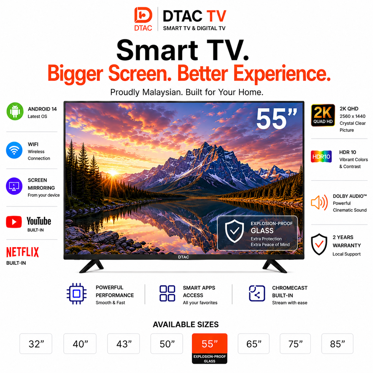 DTAC TV 55” Smart TV 2K | Anti-Burst Glass | Dolby Audio