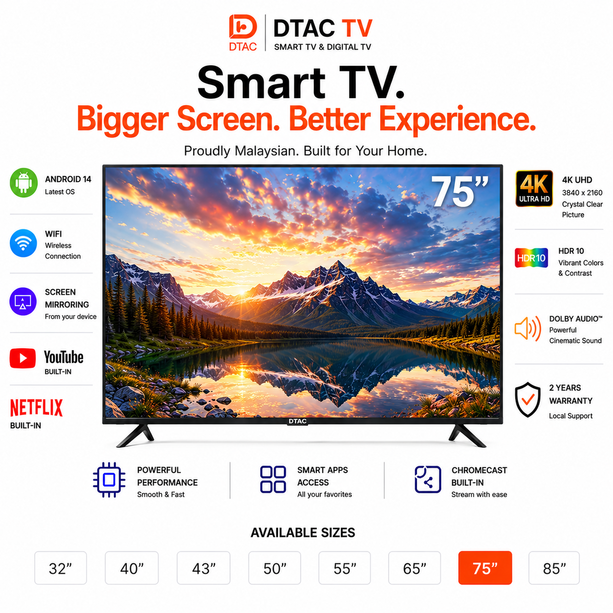 DTAC TV 75” Smart TV 4K | Dolby Audio | Android Smart TV