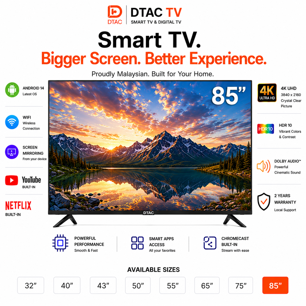 DTAC TV 85” Smart TV 4K | Dolby Audio | Android Smart TV
